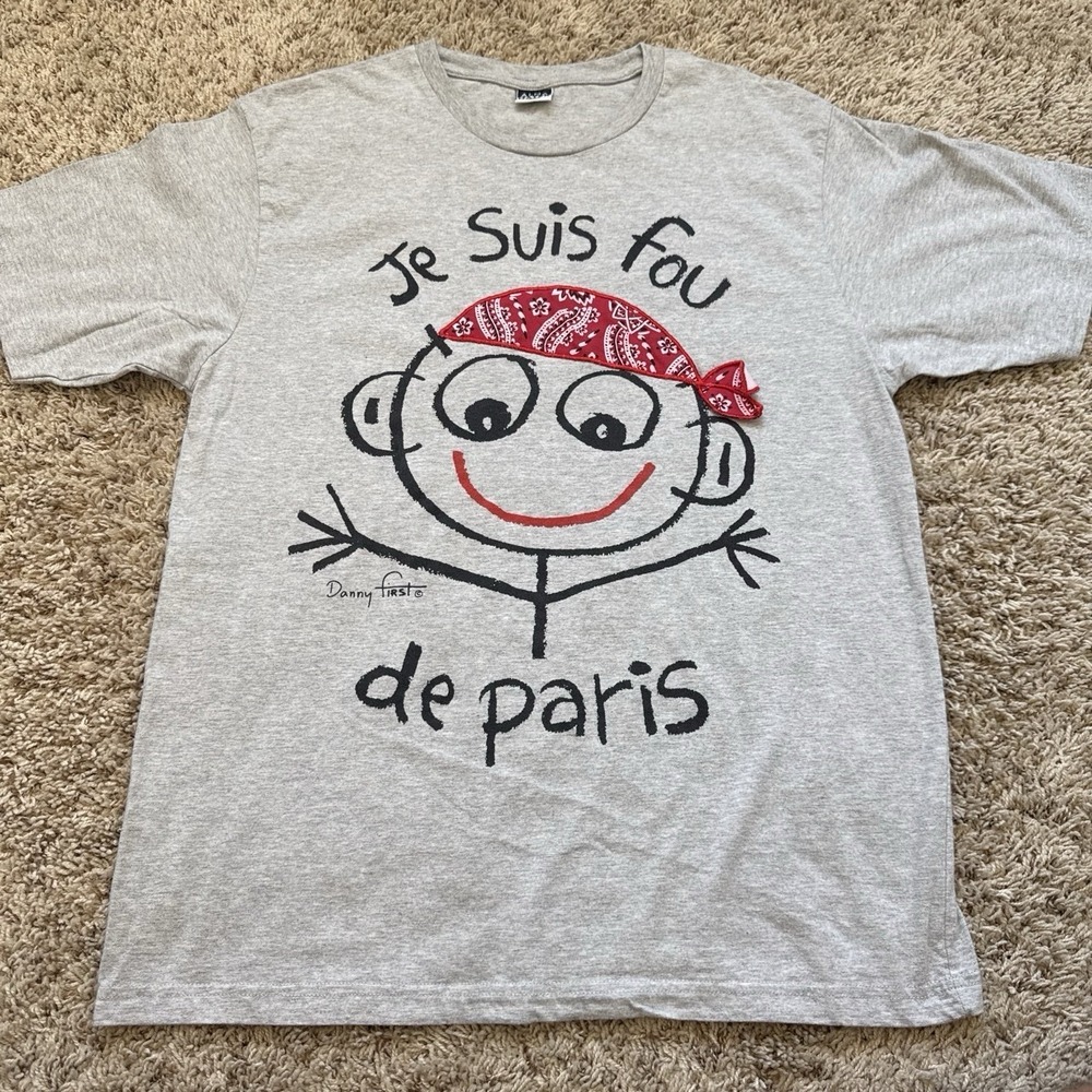 Vintage Danny First Je Suis Fou De Paris T-Shirt Grey M (Tagged XXL) 3D Bandana